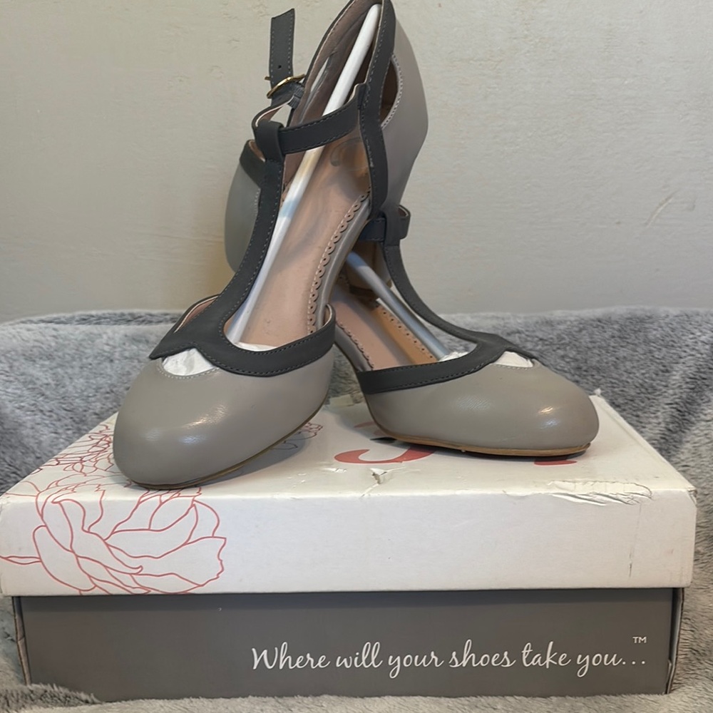 Journee Collection Gray Heels with Suede  Adjustable Strap in EUC